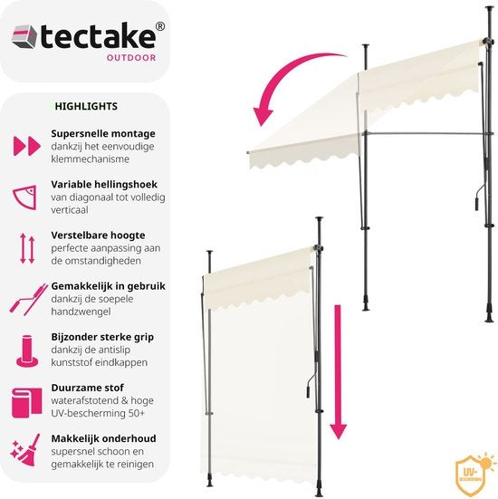 tectake - Klemmmarkise - Sonnenschirm - Verstellbar - Klemmmarkise - Sonnenschirm Balkon - 150 x 180 cm - beige - Markise - 404954