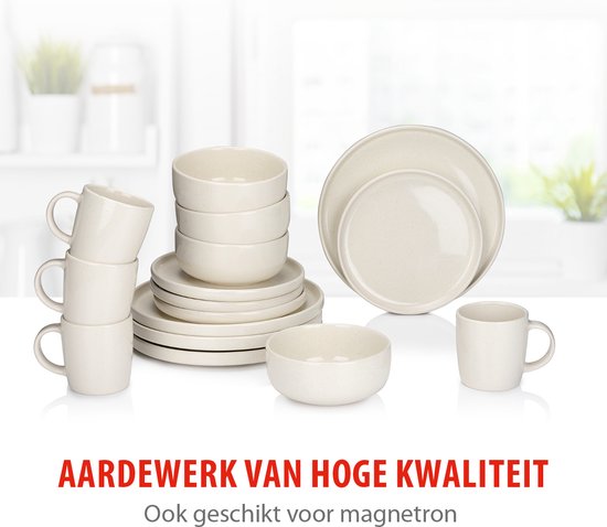 alpina Geschirrset 16-teilig - Tellerset 4 Personen - Steingutgeschirr - Frühstücksteller, Essteller, Schüsseln und Becher - Mikrowellen- und spülmaschinenfest - Creme