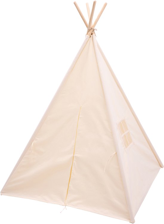 Sunny Vera Tipi-Zelt in Creme für Kinder – Wigwam-Spielzelt aus Baumwolle mit Fenster – Tipi-Zelt für Kinder mit Bodenmatte – 110 x 110 x 160 cm – Stangen aus Holz