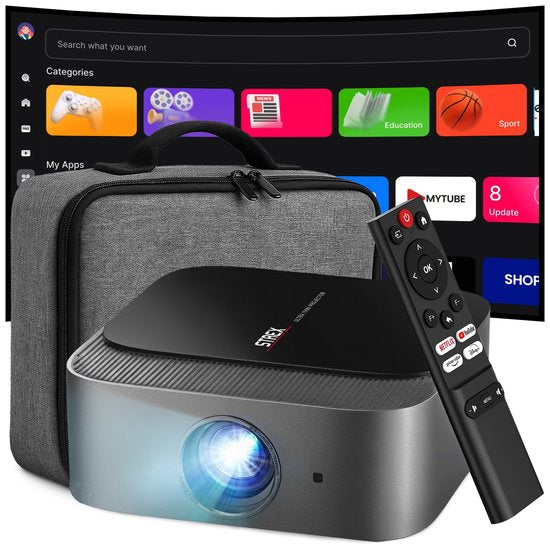 Strex Smart Beamer WiFi – Mini-Beamer mit Apps (WhaleOS) – 1080p-Full-HD-Projektor – 4K-Unterstützung – Bluetooth und integrierte Lautsprecher – inklusive Tragetasche und Projektionsleinwand