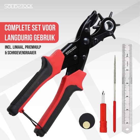 SolidStock Lochzange für Gürtel - mit Messstab - Stanzzange - Revolverzange - Lochzange - Rot