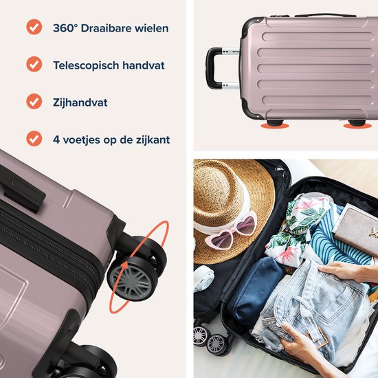 TRVLMORE - Kofferset - 3 Stück - Komplettes Reisekofferset - 45L Handgepäck + 75L und 115L geräumiges Gepäck - Rose Gold