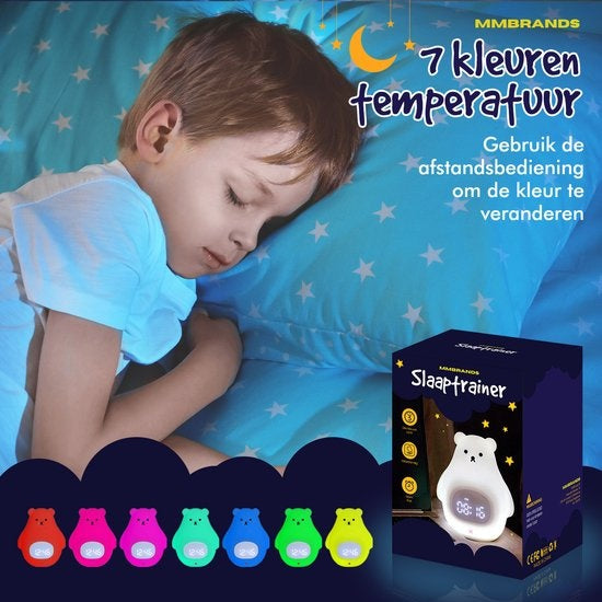 MM Brands Sleep Trainer - Kinderwecker - Nachtlicht - Uhrzeit & Temperatur - 7 Lichtfarben - Bär