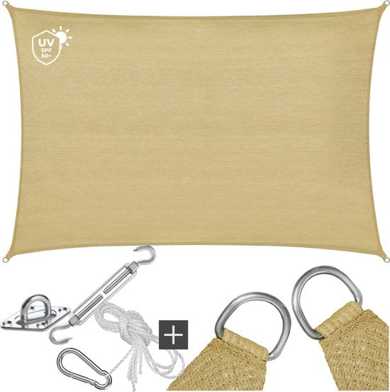 tectake® Rechteckiges Schattentuch Sunny - 4 x 6 m - Extra stabiles 185 g/m² HDPE-Sonnenschutztuch - 50+ UV-Schutz - wetterfest und reißfest - Sonnenschirm für Garten, Balkon, Terrasse - Sonnenschirm inklusive Befestigungsmaterial - Farbe Sand