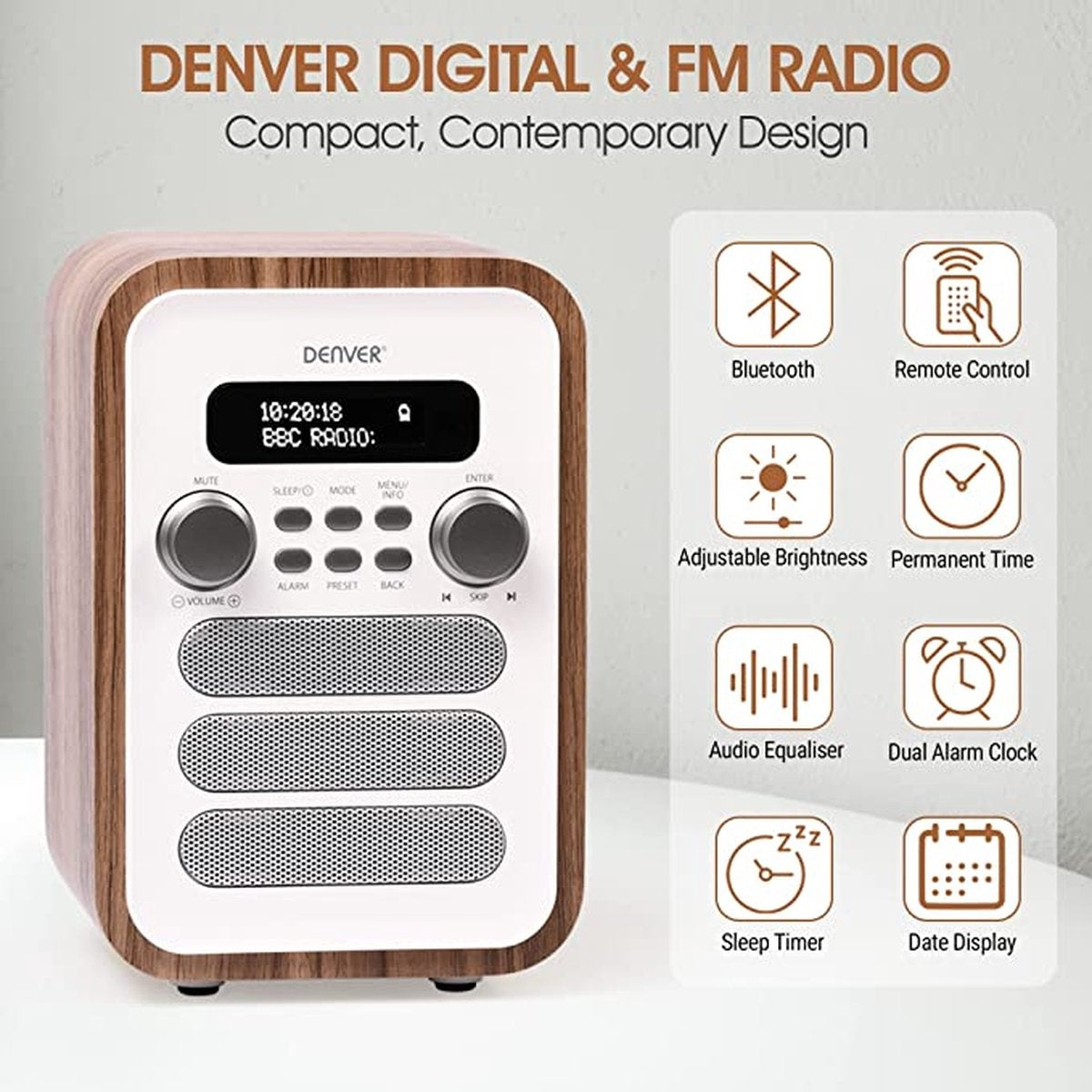 Denver - DAB48 - DAB+ Radio - Holz - Bluetooth - LCD-Bildschirm - Weiß