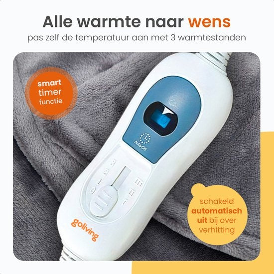 Goliving Heizdecke für Rücken und Nacken - Elektrische Heizdecke - 3 Heizstufen - Timerfunktion - Maschinenwaschbar - 100 Watt - 90 x 60 cm - Grau