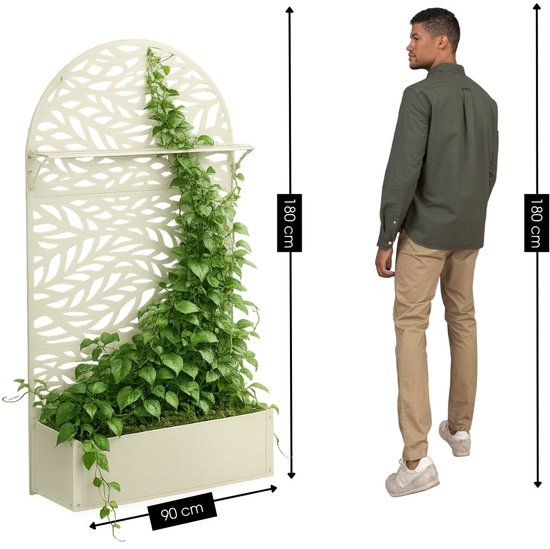 Mica Decorations Sapri Pflanzenstütze – Pflanzkübel mit Klettergitter für Kletterpflanzen – Pflanzenständer, freistehend oder an der Wand – 90 x 33 x 180 cm – Off White