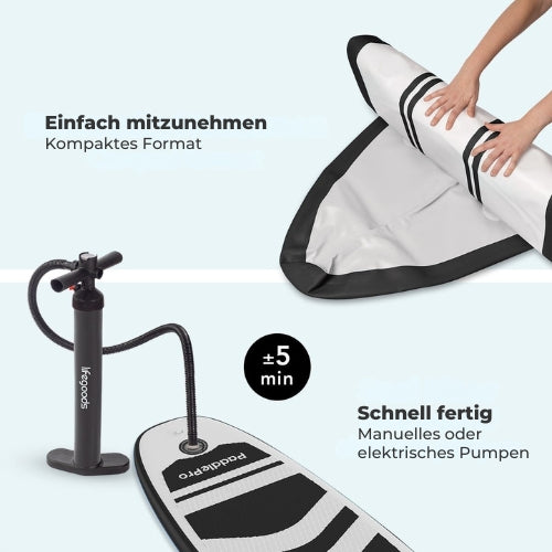 LifeGoods SUP Board - Aufblasbares Paddle Board - Komplettset - Max. 135KG - 320x81cm - Weiß/Schwarz
