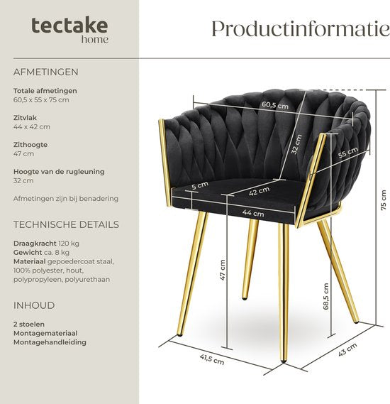 tectake® - 2er Set Esszimmerstühle aus Samt - Schalensessel mit Armlehne - Knopfoptik - 60,5 x 55 x 75 cm - Schwarz/Gold