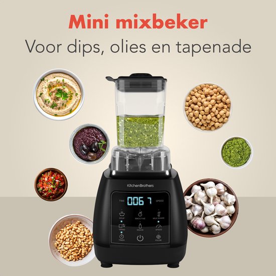 KitchenBrothers 2-in-1 Power Blender - 1600W - 2L - Komplettset mit Zerkleinerer und To-go Cup - Smoothie Maker - Ice Crusher - Schwarz