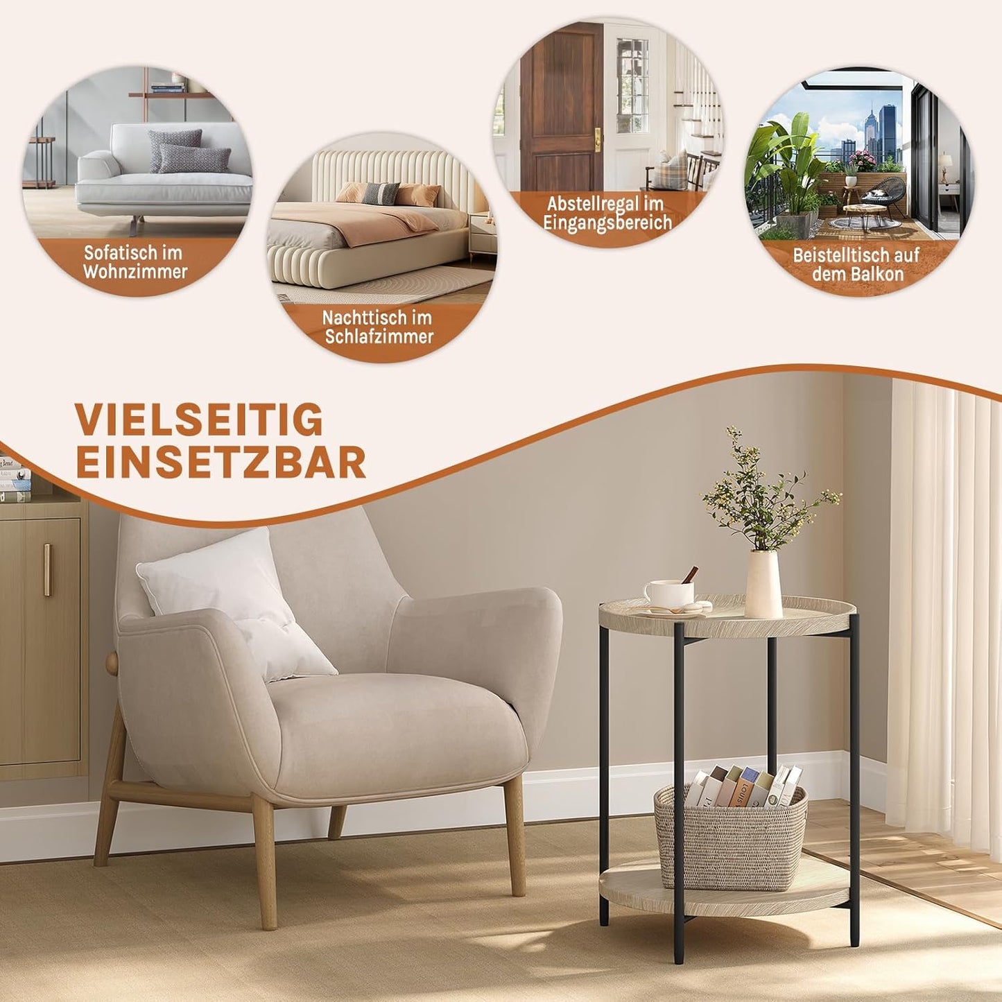 WOLTU Beistelltisch, rund – helles Eichenholz – 2 Ablagen