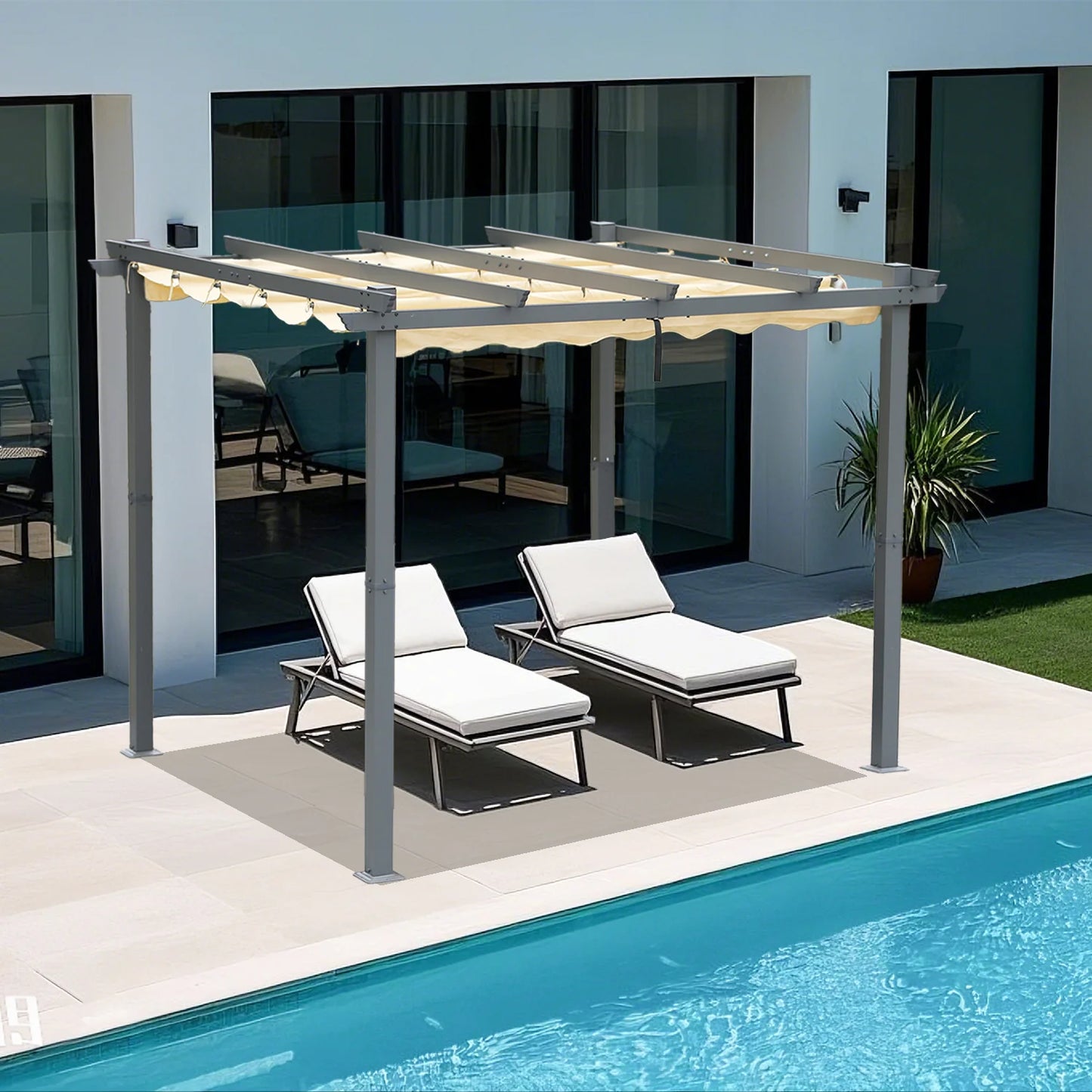 Angel Living Aluminium-Pergola 3×4 m Beige – Verstellbares Polyester-Dach, Dachrohre aus Stahl, pulverbeschichtet
