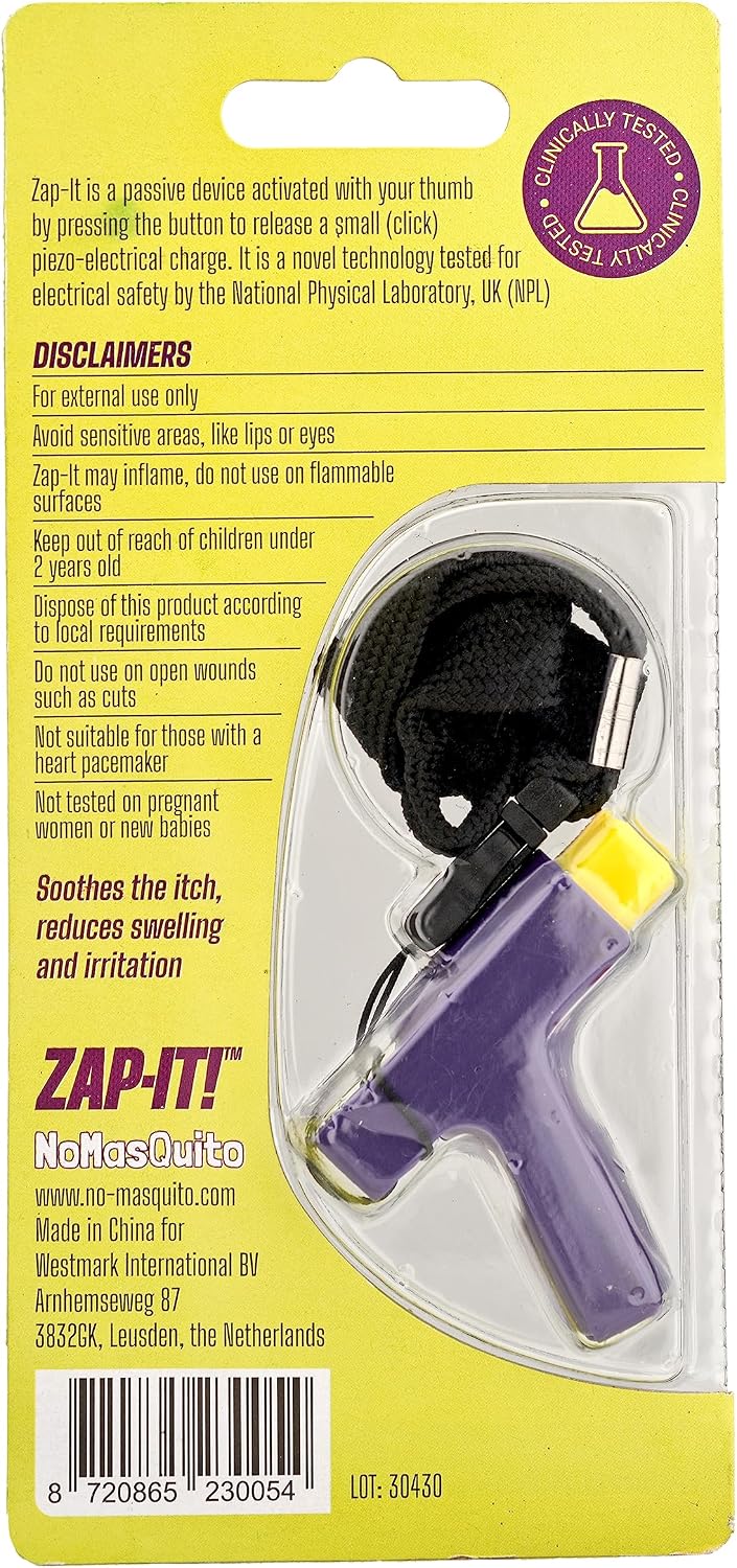 NoMasQuito Zap-It! Mückenstich-Linderer – piezoelektrisch – ohne Batterien – lila/gelb – 17 x 8 x 2,3 cm