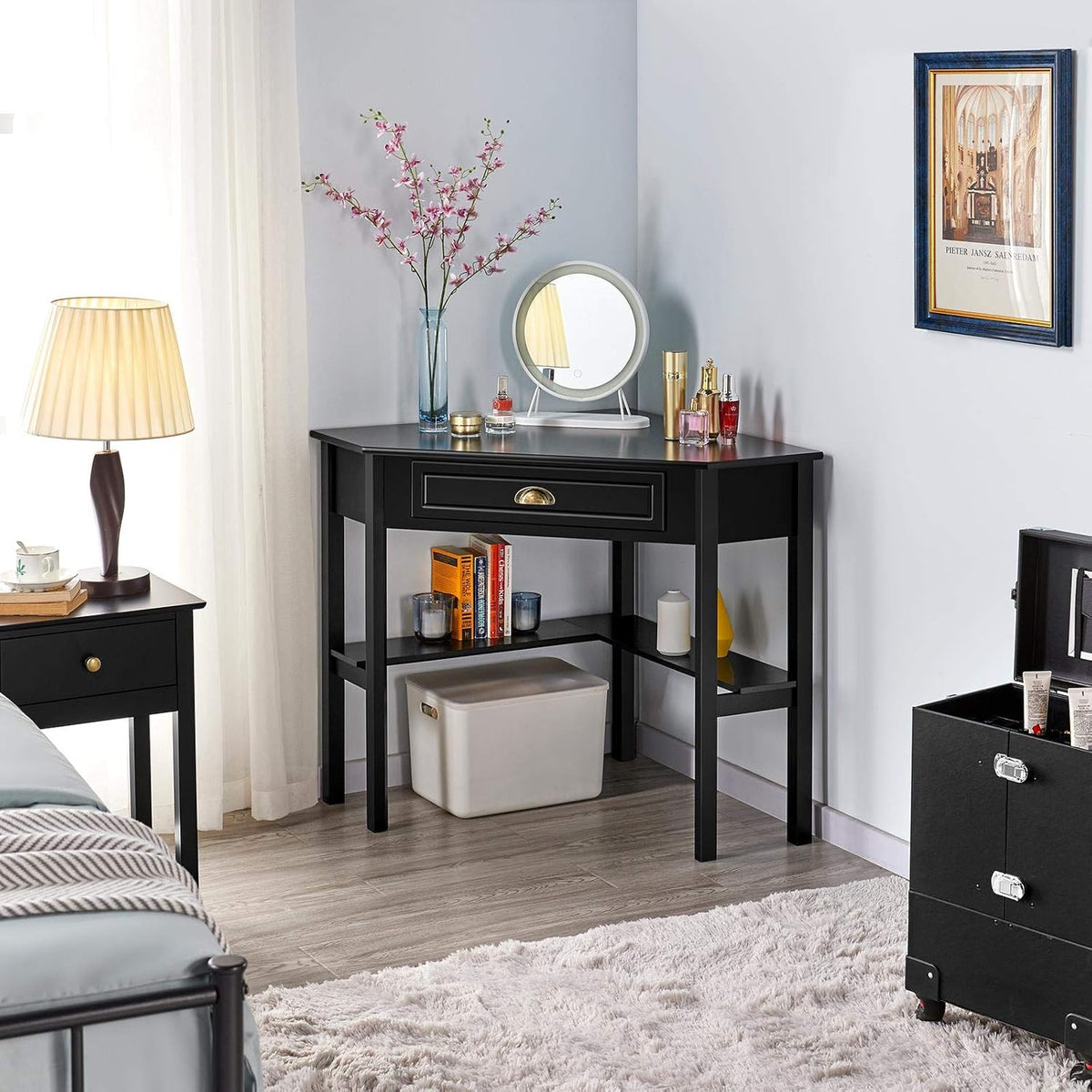 Yaheetech Eckschreibtisch 106 × 71,5 × 77 cm – mit Schublade und Einlegeböden, schwarz