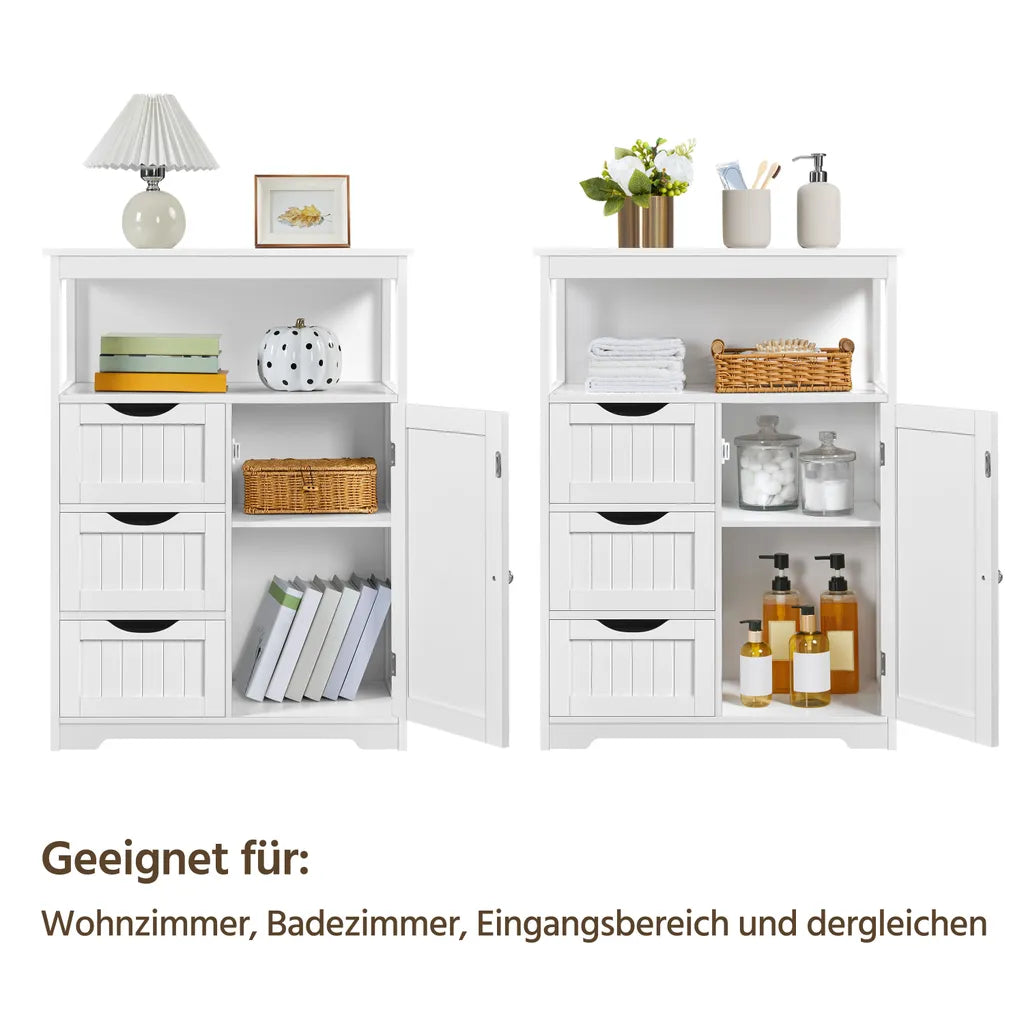 Yaheetech Badezimmerschrank 66 x 35 x 90 cm – Weiß – Aufbewahrungsschrank aus Holz mit 3 Schubladen und verstellbarem Einlegeboden