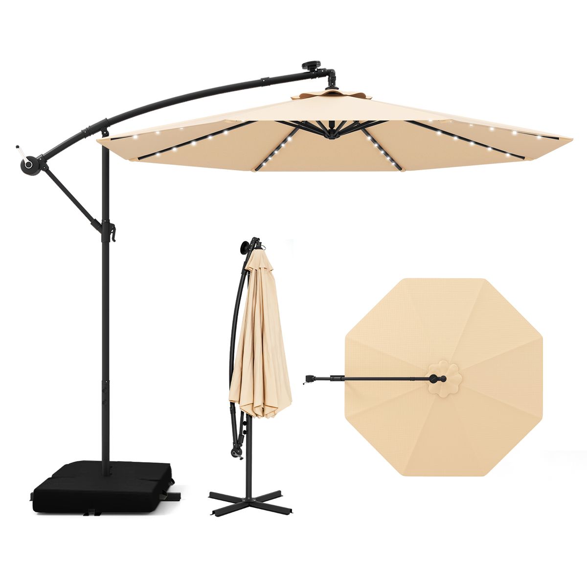 Coast Terrassenschirm mit solarbetriebener LED-Beleuchtung – verstellbarer Schwenkarm – beige – Ø 350 cm