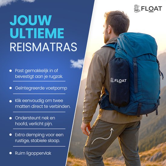 FLOAT Nomadic - 1-Personen-Schlafmatte mit Fußpumpe und Klicksystem - Stabiles und leichtes Luftbett für Camping - 195x66x12 cm Luftmatratze - Selbstaufblasende Schlafmatte - Schwarz