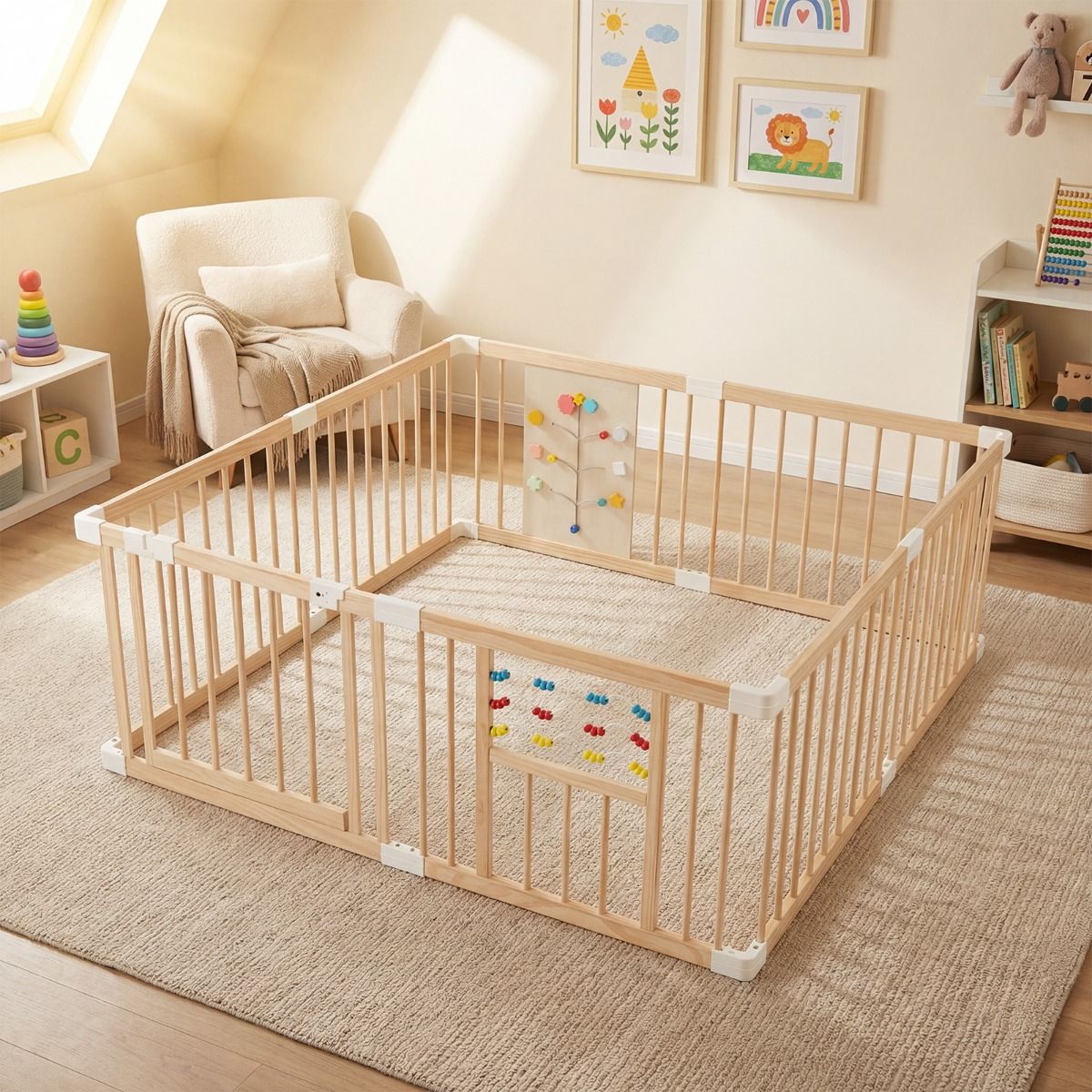 Coast Holz-Spielbox für Kleinkinder – Abschließbare Doppeltür – Verstellbarer Spielzaun – Naturfarben