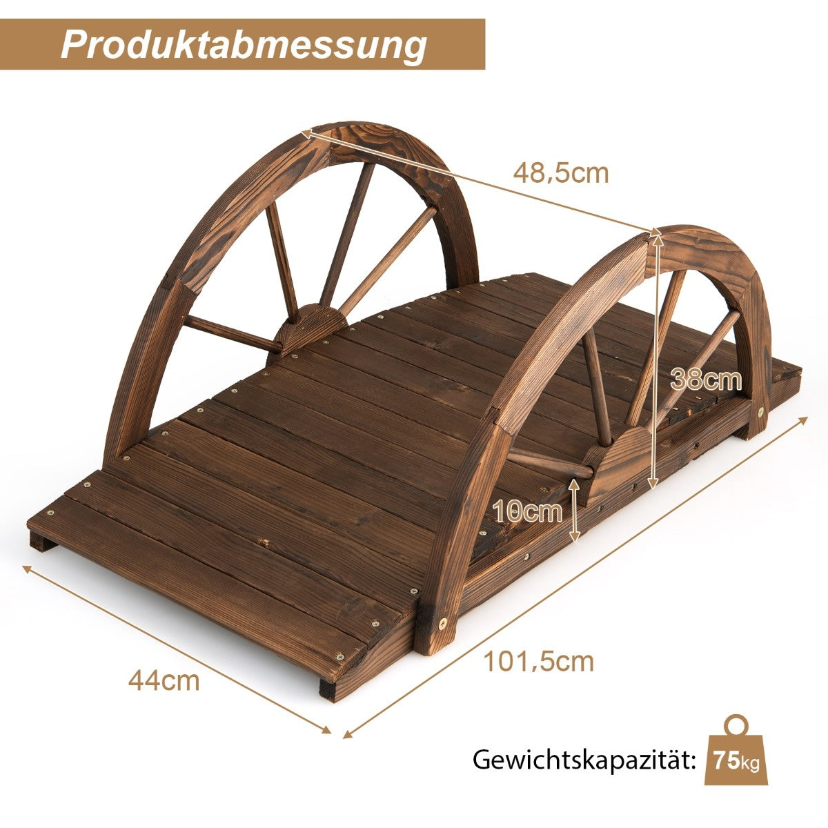 Coast Garden Bridge aus Holz Teichbrücke mit doppeltem Halbrad-Geländer 101 x 48,5 x 38 cm