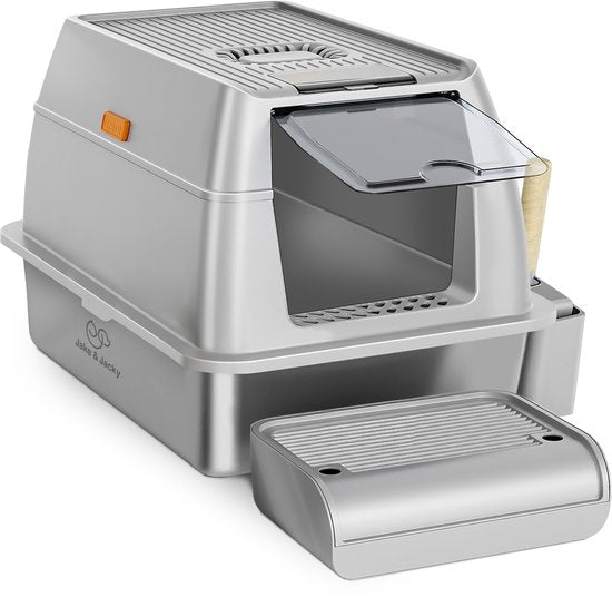 Jake and Jacky Edelstahl Katzenklo - Katzentoilette aus Edelstahl - inkl. Schaufel mit Halter und Streusammelschritt - 2 in 1 offenes Katzenklo mit abnehmbarem Deckel - 60x40x38cm