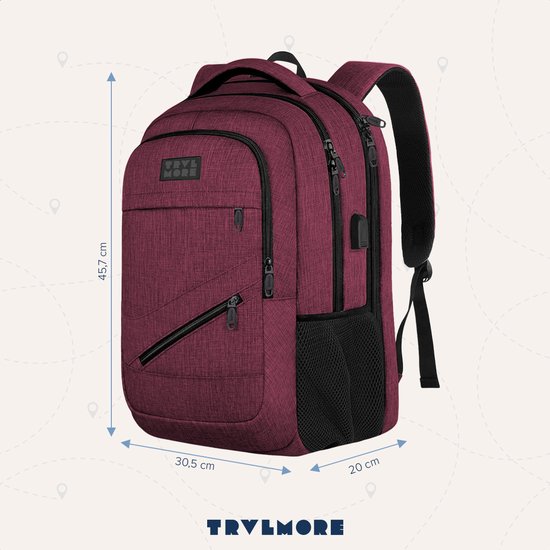 TRVLMORE Rucksack mit Lifetime - Rucksack mit 15.6 Zoll Laptopfach - Schultasche - spritzwassergeschützt - Männer und Frauen - Jungen und Mädchen - 28L - Burgunderrot