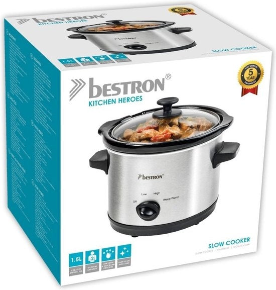 Bestron Slowcooker, mit 3 Programmen, Keramikpfanne & Glasdeckel, für 2 Personen, 1,5L Fassungsvermögen, spülmaschinenfest, 120 Watt, Farbe: silber