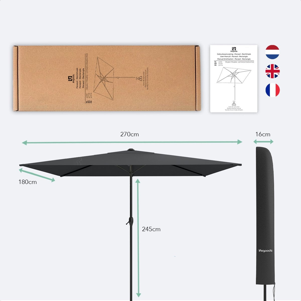 LifeGoods - Rechteckiger Sonnenschirm mit Bezug - 30° neigbar - Wasserdicht - 270x180cm - Dunkelgrau
