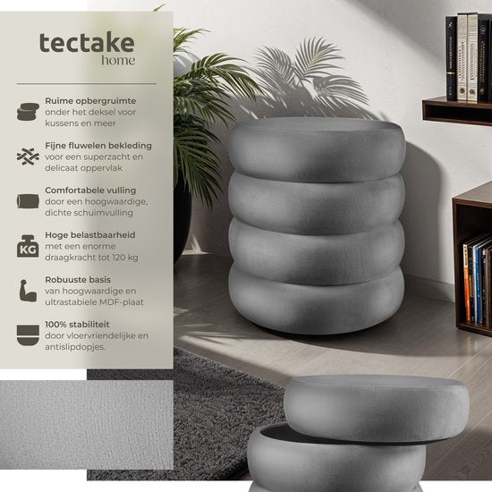 tectake® Hocker mit Ablage - Scandi Hocker Samtstoff - Runder gepolsterter Hocker für Frisiertisch, Schlafzimmer, Wohnzimmer oder als Flurmöbel - Ablagehocker - grau