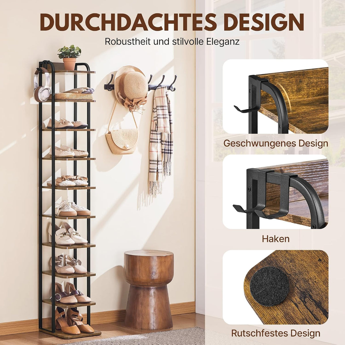 Yaheetech Schmales Schuhregal mit 10 Ebenen – 26,5 x 30 x 162 cm – mit Haken – Vintage-Holz und Metall – rustikales Braun