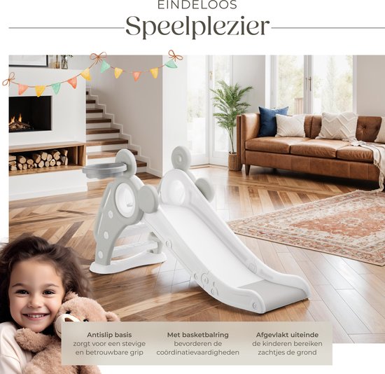 tectake® Kinderrutsche - Rutsche Kleinkind - ab 2 Jahren - mit Basketballring - klappbar - 128 x 66,5 x 67,5 cm - für drinnen und draußen - grau