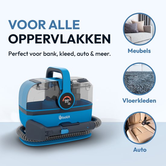 BOLLIT 4-in-1-Teppichreiniger XL 1800 W Ultra – Dampfreiniger und Fleckenentferner – 100 °C Dampf – Sofarreiniger – Möbelreiniger – Handdampfreiniger - Matratzenreiniger – Sesselreiniger – Reiniger für Auto, Sofa, Boden und Teppich (V6 Azure Blau)