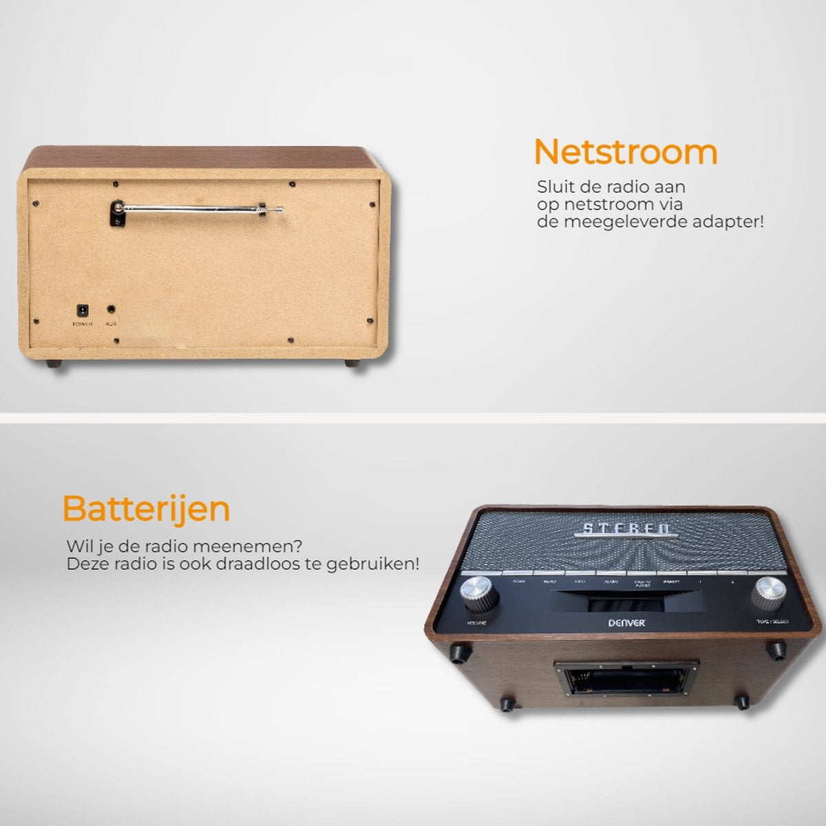 Denver DAB Radio - Retro Radio XL - DAB+/ FM Radio - Bluetooth - Dimmbar - 100W - Batterien & Netz - DAB36 - Holz