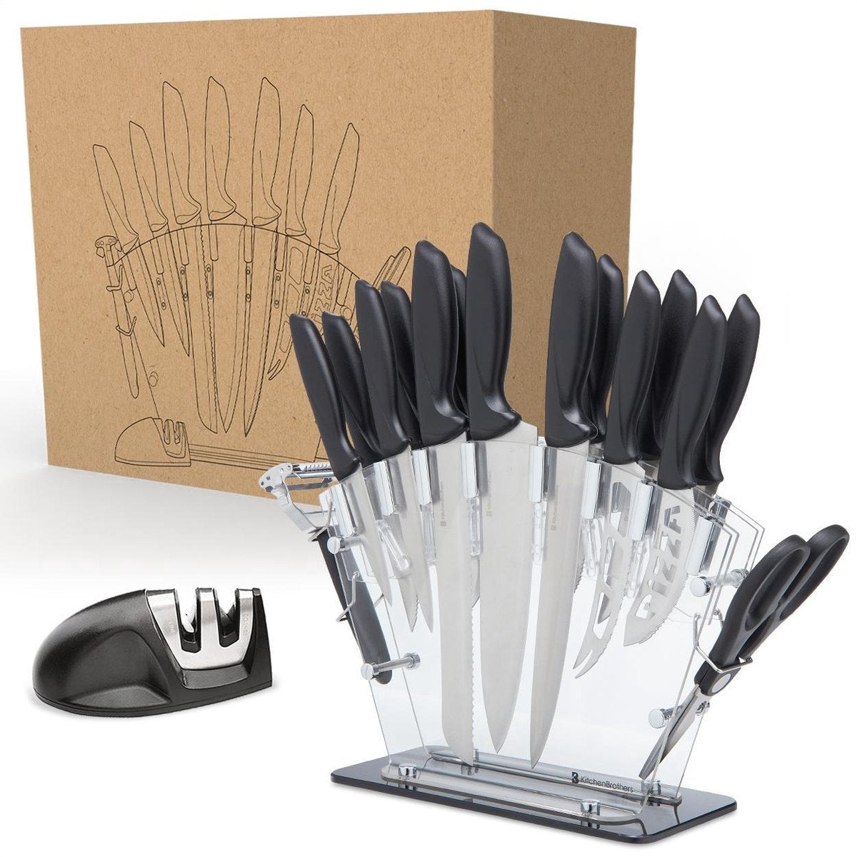 KitchenBrothers Messerset - Messerblock - 17-teilig - mit Küchenschere und Messerschärfer - rostfreier Stahl/Schwarz