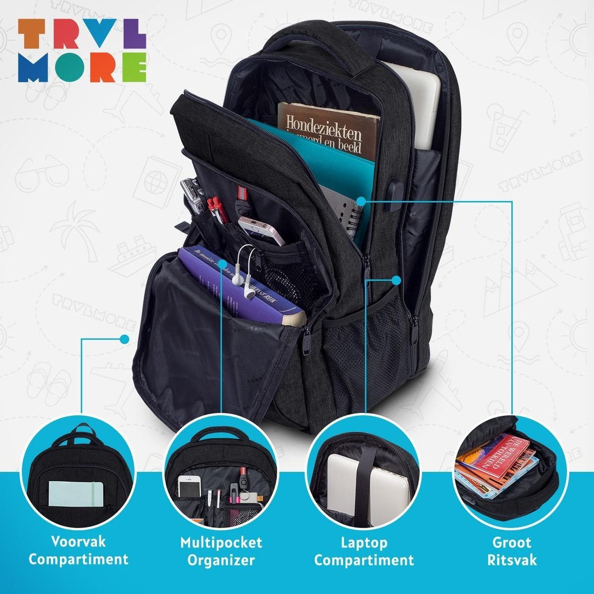 TRVLMORE Rucksack - 36L - 17.3 Zoll - Laptop-Rucksack - Schultasche - Unisex - Spritzwassergeschützt Schwarz