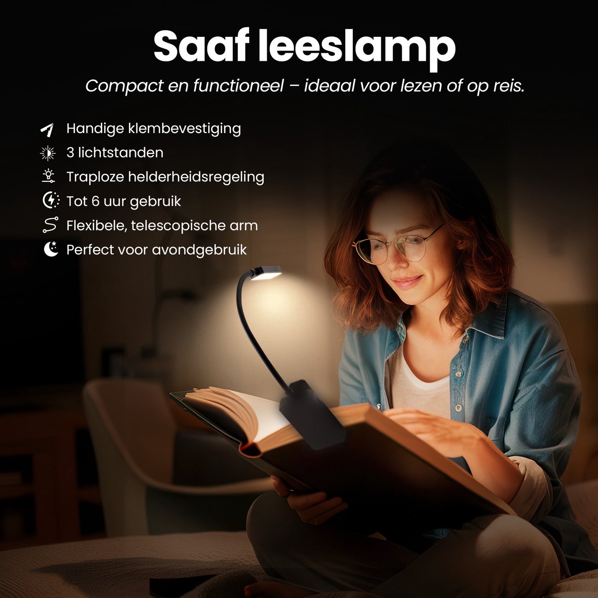 Saaf Leselicht mit Klemme - Dimmbar und wiederaufladbar - Buchleselicht - 3 Lichtmodi - Biegbar - Schwarz