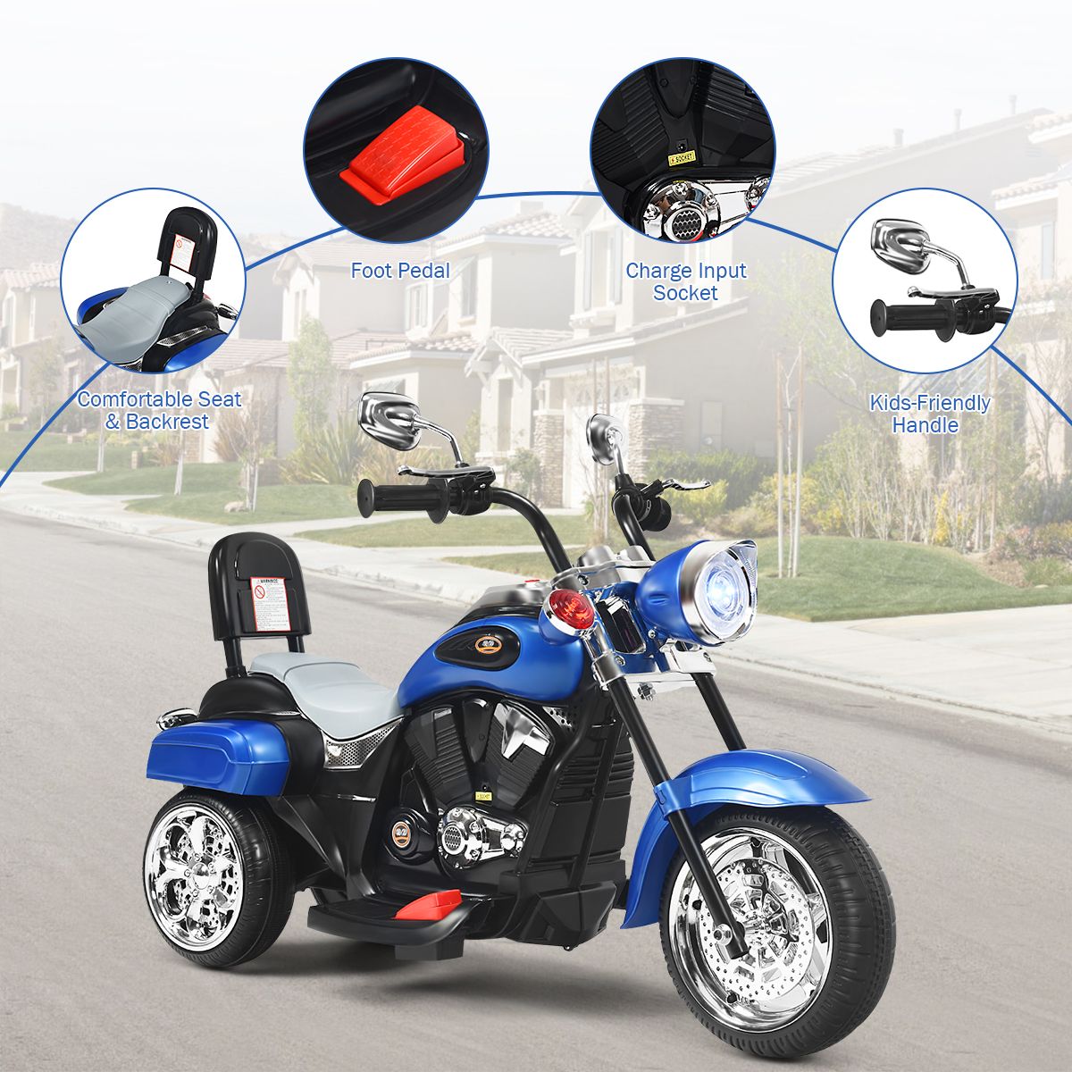 Coast Elektromotorrad für Kinder – Chopper-Stil – Verstellbarer Scheinwerfer – Musikfunktion – Blau und Schwarz – 91 x 48 x 64 cm