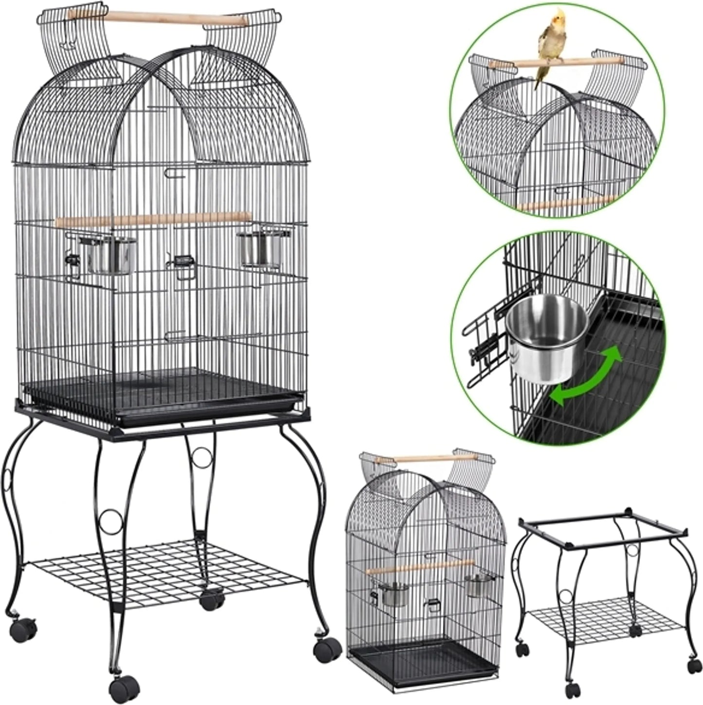 Yaheetech Vogelkäfig - Sittiche und Papageien - 59.5x59.5x150 cm - Mobil - Abnehmbarer Ständer - Sitzstangen - Schwarz