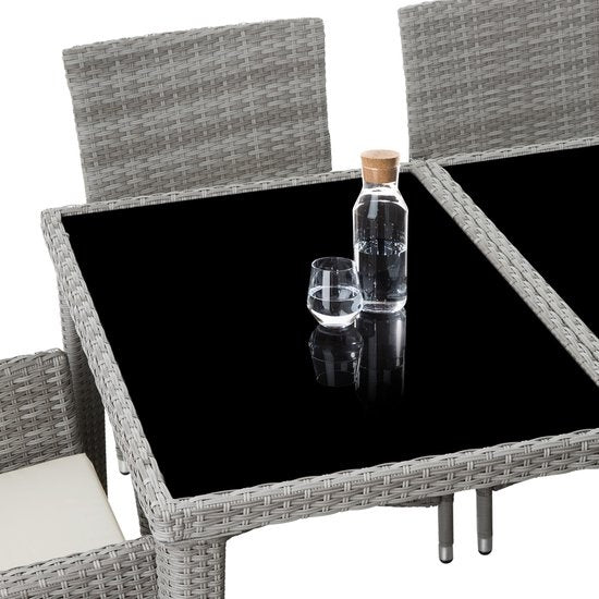 tectake - Aluminium-Geflecht-Gartenmöbel-Set 8 Stühle mit Tisch mit Glasplatte, inkl. 2 Kissen-Sets und Schutzhülle, wetterfeste Balkonmöbel - grau - Poly-Rattan