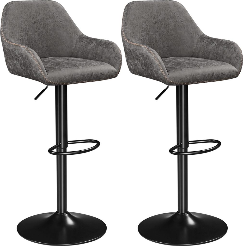 Yaheetech 2er-Set Barhocker mit Rückenlehne – um 360° drehbar – höhenverstellbar von 87,5 bis 107,5 cm – Kunstleder und Metall – grau