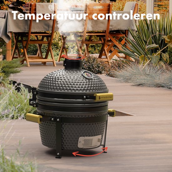 KitchenBrothers Kamado BBQ - 16-Zoll-Holzkohlegrill - 34⌀ cm - PFAS-frei - Deluxe-Set - Eiergrill mit Zubehör - Grau