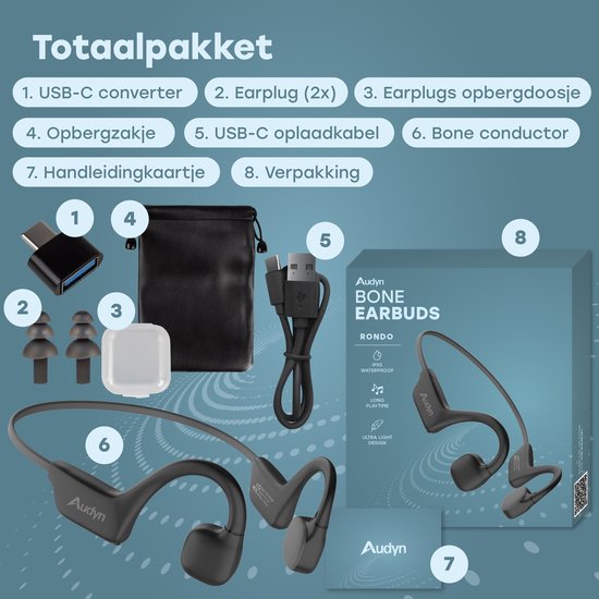 Audyn Bone Rondo - Sport-Kopfhörer - Knochenleitungs-Kopfhörer - Bluetooth - Offene Ohrhörer - kabellos - 9-Stunden-Akku