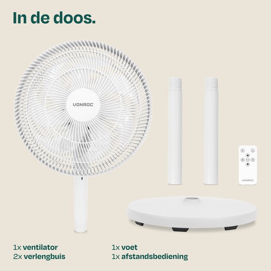 VONROC Bodenventilator – 3 Geschwindigkeitsstufen – inkl. Fernbedienung – Timer – in 3 Höhen verstellbar – weiß