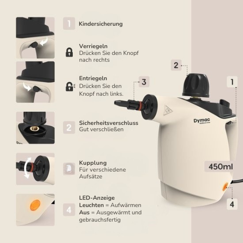 Dymac MistBurst One - Handdampfreiniger für Boden/Bank/Bad/Küche - Verschiedene Aufsätze - 450ML