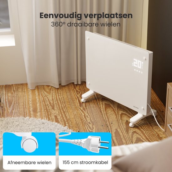 Auronic Elektroheizung - Konvektorheizung mit Thermostat und Fernbedienung - Glasheizkörper - 1500W Heizleistung - Weiß