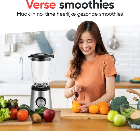 Kitchenwell Mixer - 1300 Watt - Smoothie Mixer - Mit To-Go Cup - 1,75 Liter - Glaskrug - 3 Ständer - Edelstahl - Grau