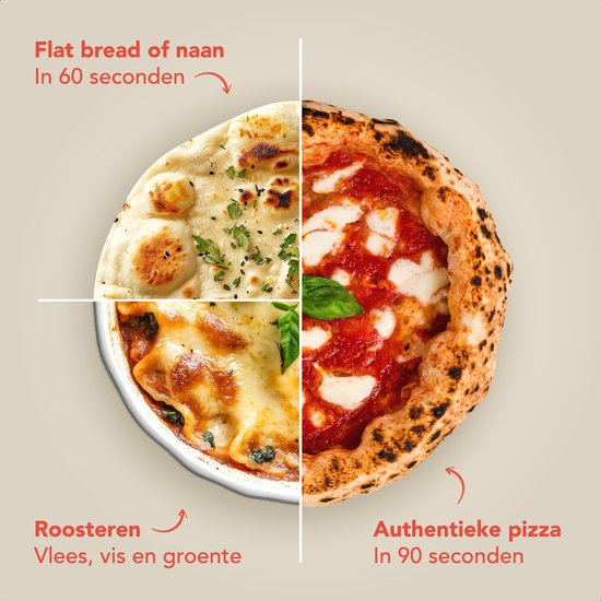 KitchenBrothers Pizzaofen - Holzbefeuert - Tischmodell - Zusammenklappbar - PFAS-frei - Pizzastein - bis zu 460°C - Pizzabäcker - Komplettset - Pizzaofen für draußen - Schwarz/RVS