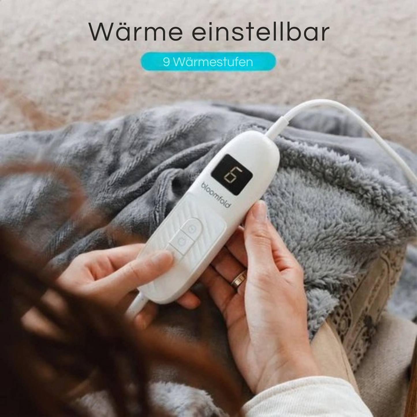 Bloomfold Elektrische Heizdecke - 160 x 130 cm - Waschbar - 9 Stufen - Mit Timer - Flanell - Grau