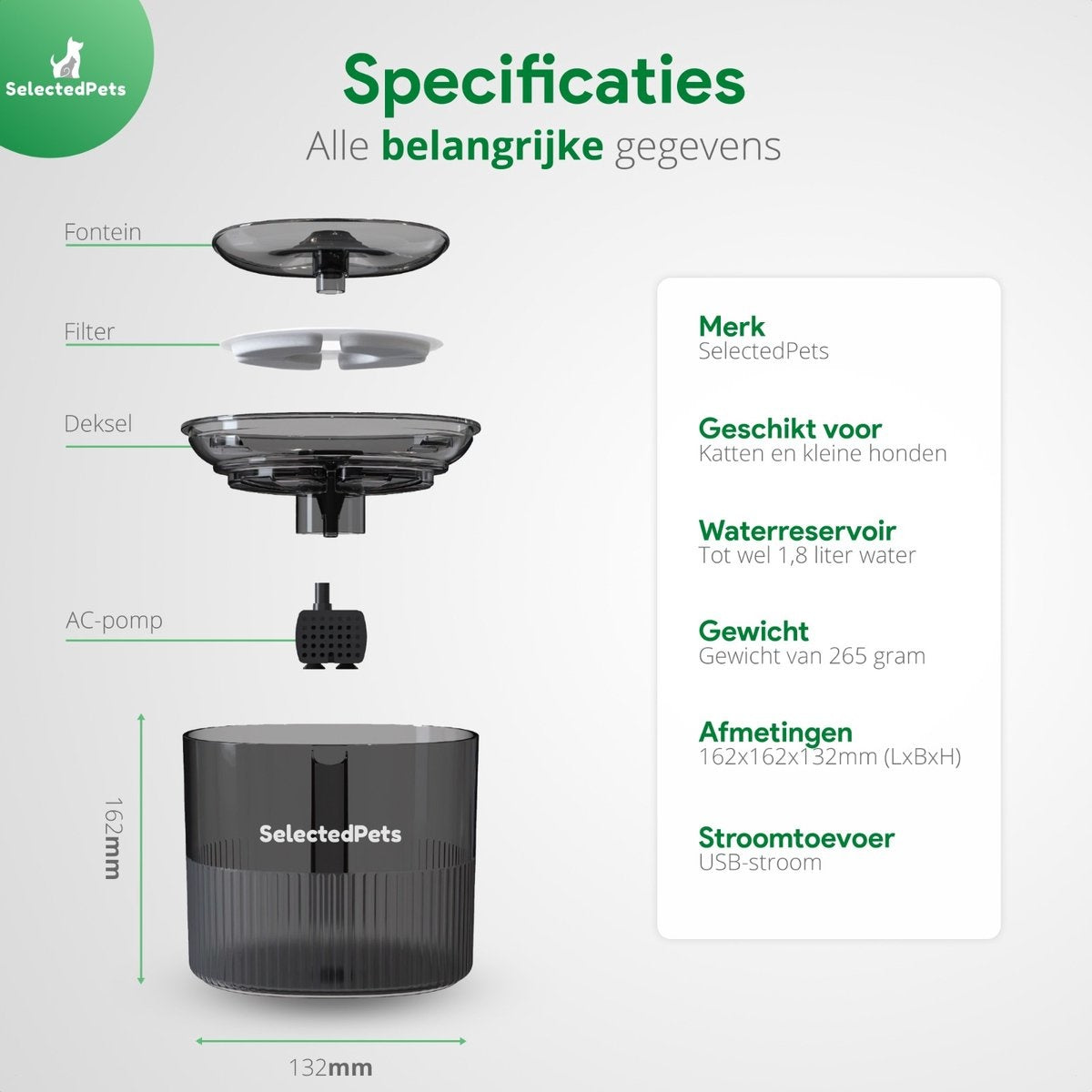 Trinkbrunnen für Katzen und Hunde - Katzenbrunnen - Schwarz - 1.8L - Mit Filter