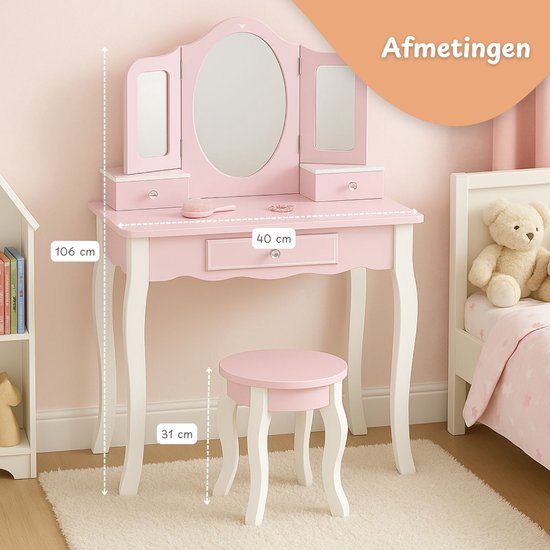 Maxx Kidz Kinderschminktisch mit Spiegel – Rosa Kinderschminktisch aus Holz mit Hocker – Schminktisch für Kinder – Spielzeug für Mädchen ab 3 Jahren