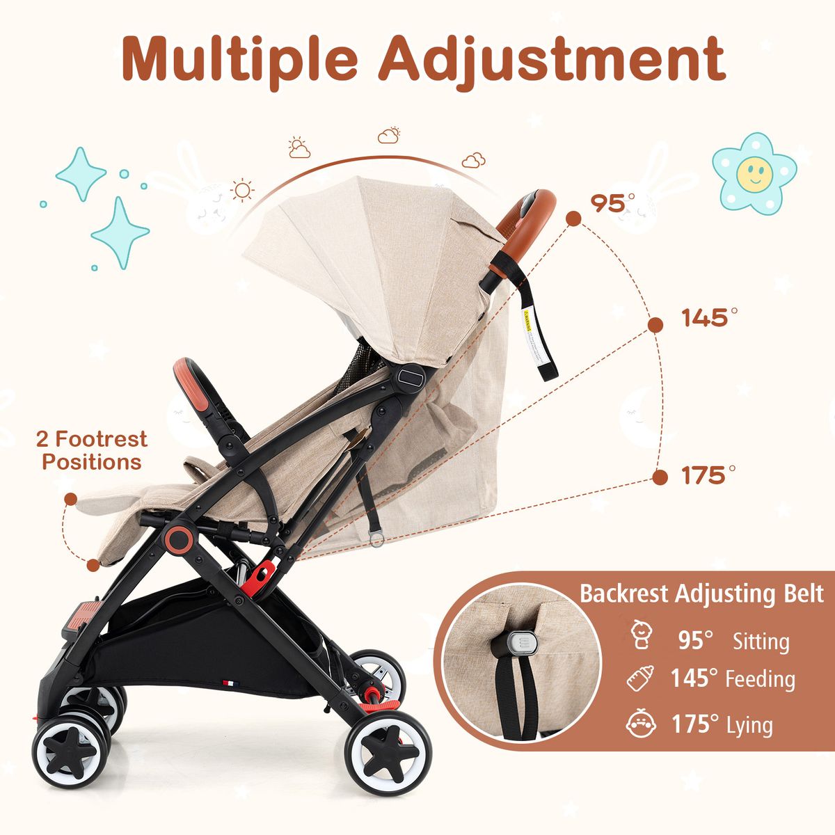 Coast Klappkinderwagen – verstellbare Rückenlehne und Fußstütze – stoßdämpfende Räder – beige